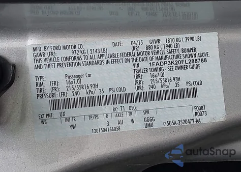 2015 Ford Focus Se z USA, uszkodzony, nr VIN 1FADP3K20FL288788